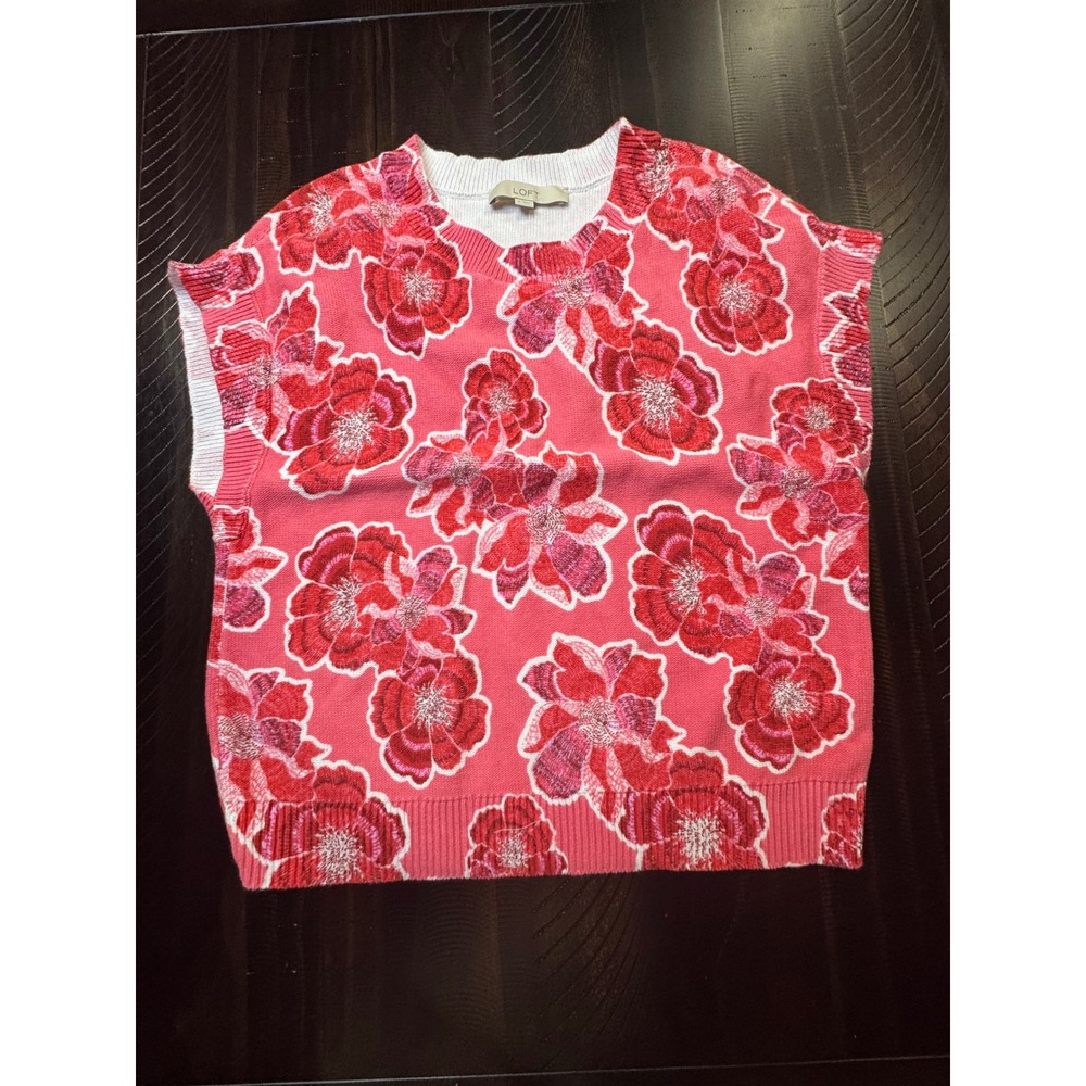 LOFT Pink Red Floral Metallic Knit Sweater Vest Sleeveless Crew Neck Size S